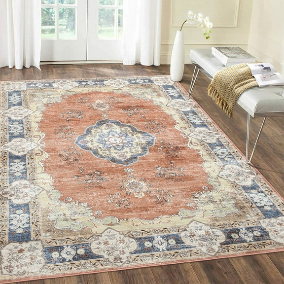 CAROMIO Area Rug 9' x 12' Vintage Washable Rug Oriental Floral Rug for Living Room Dorm, Orange