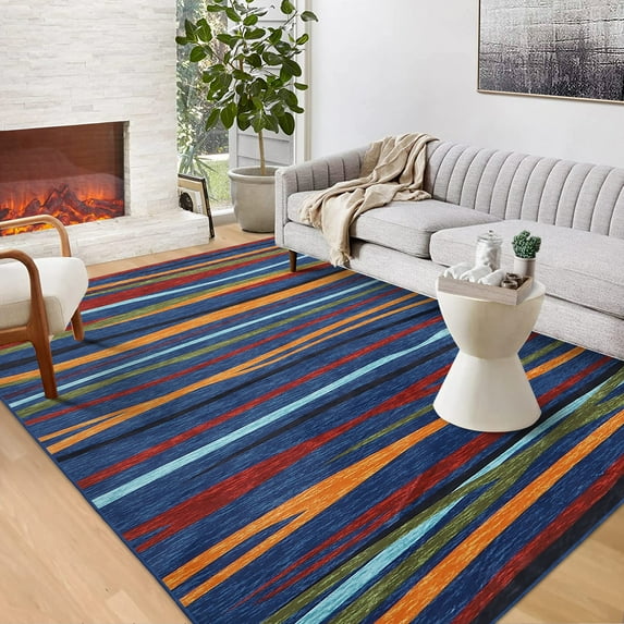 CAROMIO Area Rug Aesthetic Striped Geometric Non-Slip Throw Rugs Abstract Colorful Throw Carpet for Living Room Bedroom Indoor Soft Rug, 9' x 12' Blue