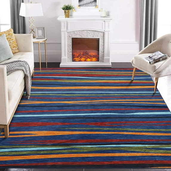 CAROMIO Area Rug Aesthetic Striped Geometric Non-Slip Throw Rugs for Living Room Bedroom Indoor Soft Rug, 8' x 10' Blue