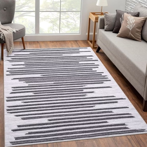 CAROMIO Area Rug Bohemian Rug Modern Berber Stripe Area Rug Non Slip Non Shedding Carpet Low Pile Throw Rug for Bedroom Living Room, 9' x 12' Beige Black