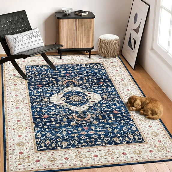 CAROMIO Area Rug Boho Distressed Area Rug Vintage Floral Rug Throw Carpet Non-Slip Washable Rug, 3' x 5' Navy Blue