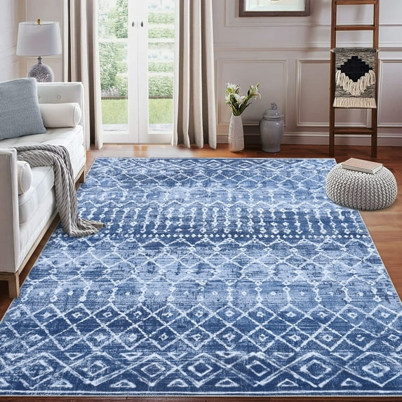 CAROMIO Area Rug Boho Distressed Machine Washable Modern Geometric Moroccan Carpet Rug Stain Resistant Non-Slip Accent Rug, 4' x 6' Blue