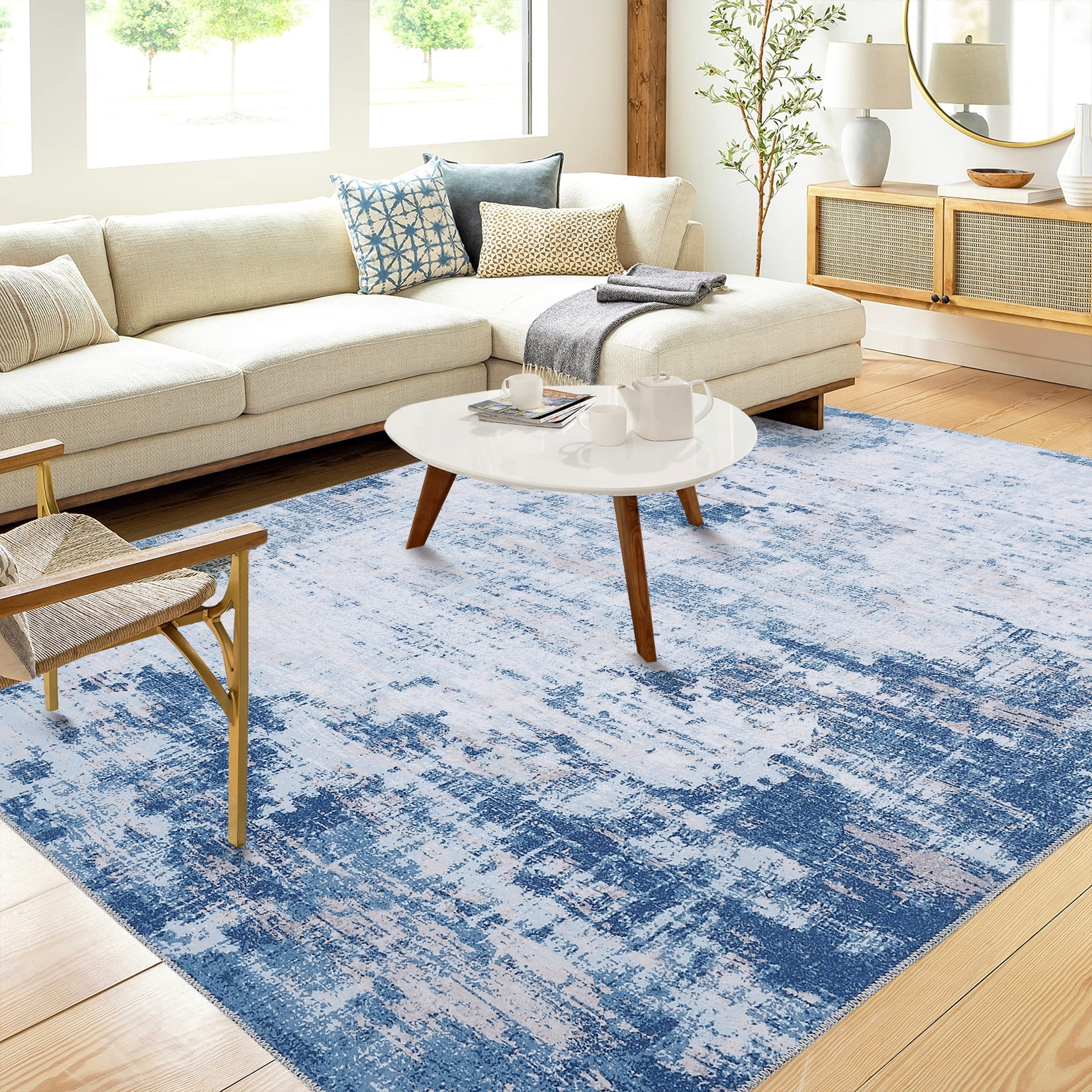 Blue Abstract 8' x 10' Washable Synthetic Area Rug