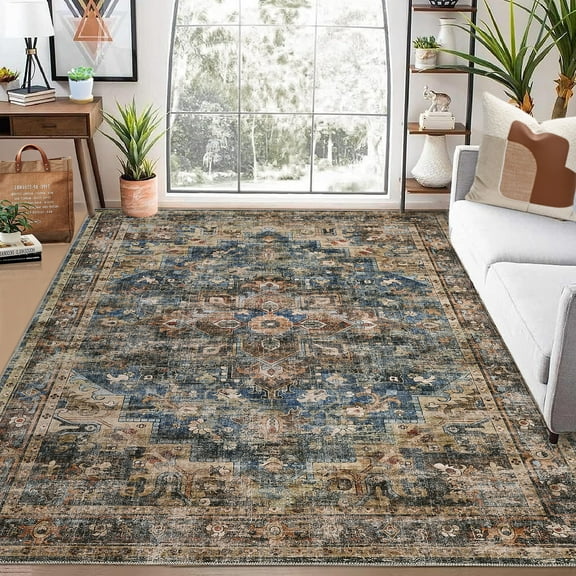 CAROMIO Area Rug Vintage Distressed Machine Washable Area Rug for Living Room Bedroom Traditional Medallion Floral Non Slip Stain Resistant Accent Rug, 5' x 7' Blue Brown