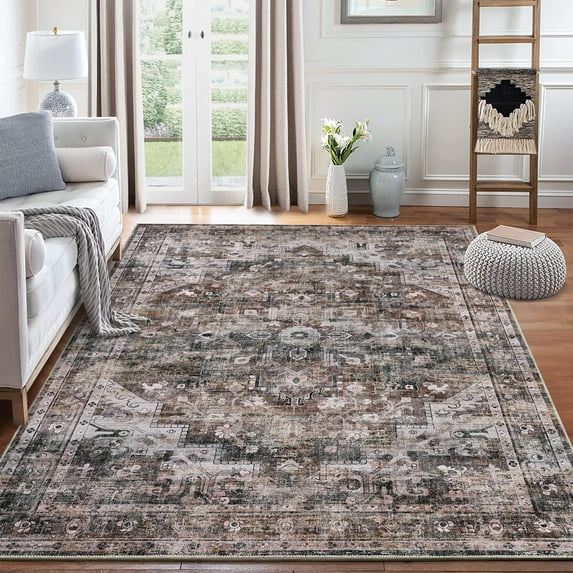 CAROMIO Area Rug Vintage Distressed Machine Washable Area Rug for Living Room Bedroom Traditional Medallion Floral Non Slip Stain Resistant Accent Rug, 5' x 7' Brown