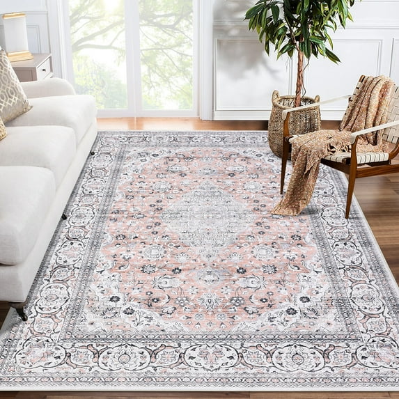 CAROMIO Area Rug Washable Rug Vintage Rug Traditional Rug Retro Kitchen Distressed Carpet Living Room Bedroom Dining Room, 6' x 9' Pink