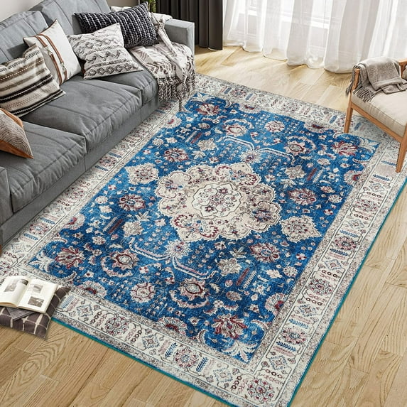 CAROMIO Area Rug for Bedroom Boho Accent Rug Machine Washable Rug Non-Slip 4 x 6 Carpet for Living Room Bedroom Dining Room Kitchen, Blue