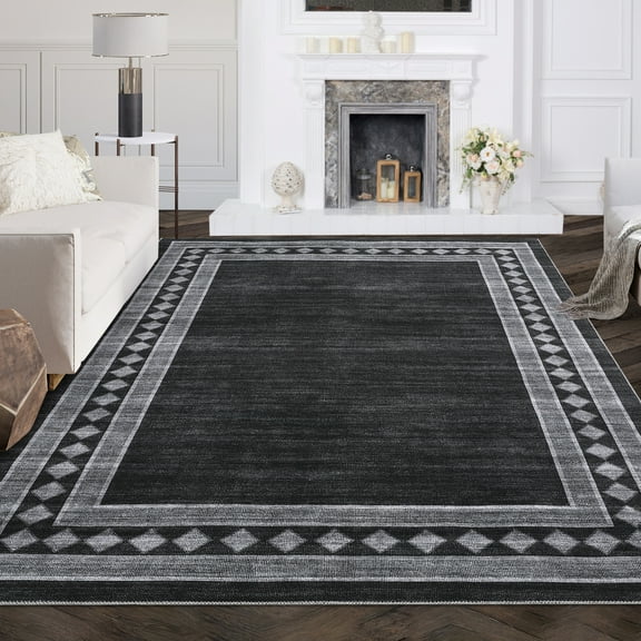 CAROMIO Area Rug for Living Room Washable Modern Rug Geometric Border Carpet Non-Slip Throw Rug for Bedroom, 9' x 12' Black