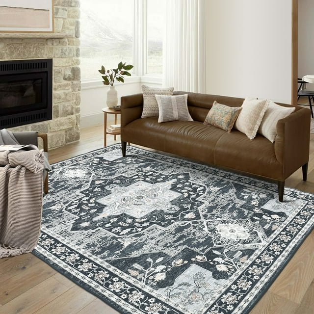 CAROMIO Area Rugs 5' x 7' Rug for Living Room Boho Vintage Floral Throw Rug Bedroom Rug, Black