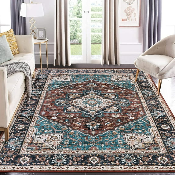 CAROMIO Area Rugs for Living Room Bedroom Rug Machine Washable Vintage Rug Boho Floral Distressed Rug Anti-Slip Low Pile Non-Shedding Throw Carpet, 9' x 12' Red