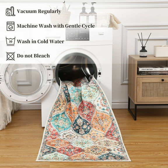 CAROMIO Area Rugs Washable Rug Boho Moroccan Rug Vintage Non-Slip Rugs Soft Floral Throw Rug, 2' x 6' Orange