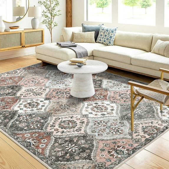 CAROMIO Area Rugs Washable Rug Boho Moroccan Rug Vintage Non-Slip Rugs Soft Floral Throw Rug, 8' x 10' Gray Pink