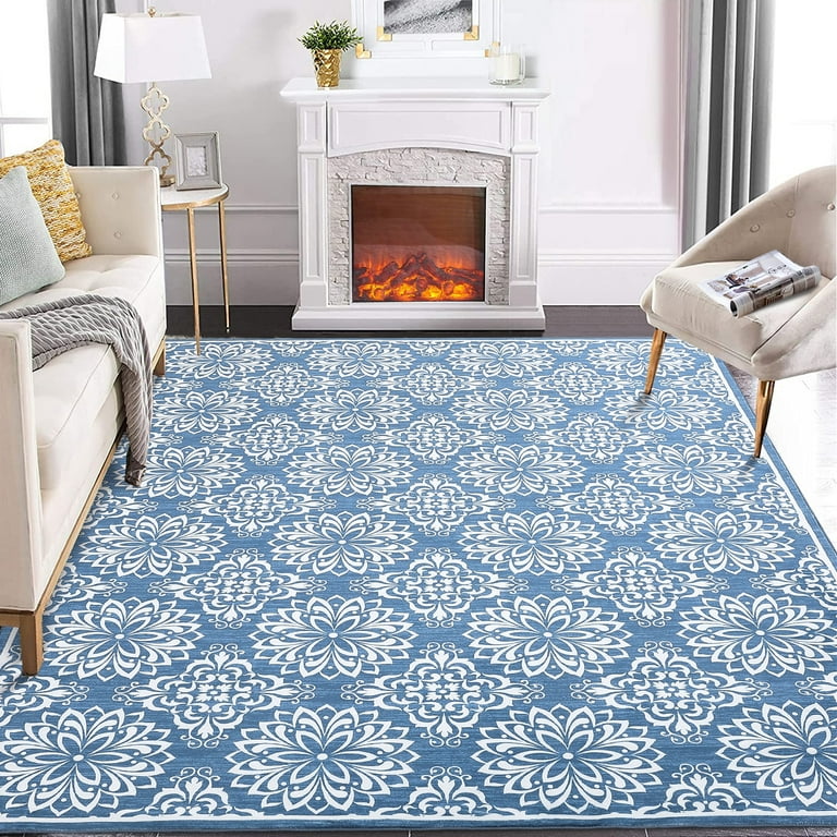 CAROMIO Area Rugs Washable Rugs Floral Boho Rug Vintage Rugs Modern Rugs Soft Carpet Low Pile Non Slip Rugs for Living Room Bedroom 8 x 10 Blue Walmart