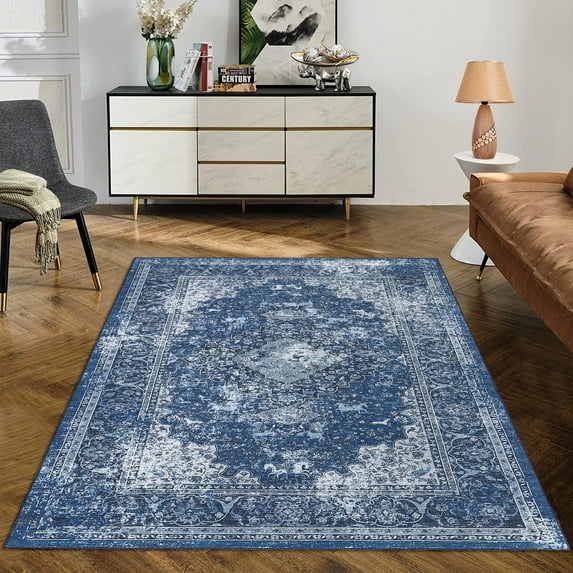 CAROMIO Bedroom Rug Boho Distressed Floor Carpet Machine Washable Area Rug Vintage Rug Medallion Area Rug for Living Room Bedroom, 8' x 10' Blue