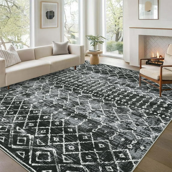 CAROMIO Black 10' x 13' Area Rug Boho Distressed Machine Washable Modern Geometric Moroccan Carpet