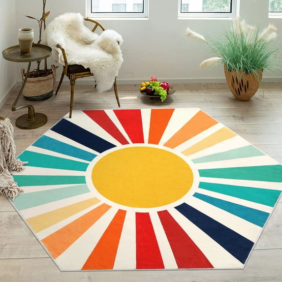 CAROMIO Boho Area Rug Washable Rug Sun Print Area Rug Modern Abstract Area Rug Bohemian Distressed Throw Rugs, 4.6' x 4' Red