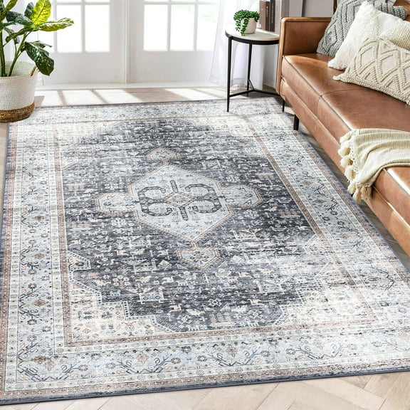 CAROMIO Boho Vintage Rug for Bedroom Machine Washable Throw Rug Low Pile Soft Carpet Non Slip Accent Rug for Dinning Room Living Room, 5' x 7' Gray