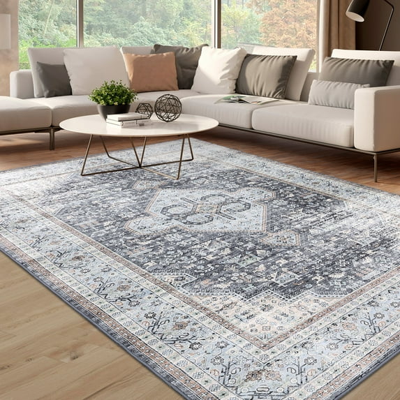 CAROMIO Boho Vintage Rug for Bedroom Machine Washable Throw Rug Low Pile Soft Carpet Non Slip Accent Rug for Dinning Room Living Room, 8' x 10' Gray