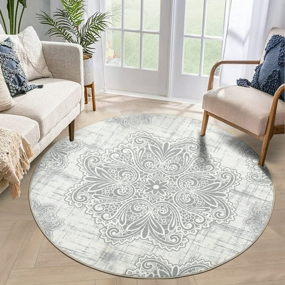 CAROMIO Boho Washable Rugs Vintage Area Rugs Floral Medallion Non-Slip Rug Washable Accent Throw Rugs, 4' x 4' Round Gray
