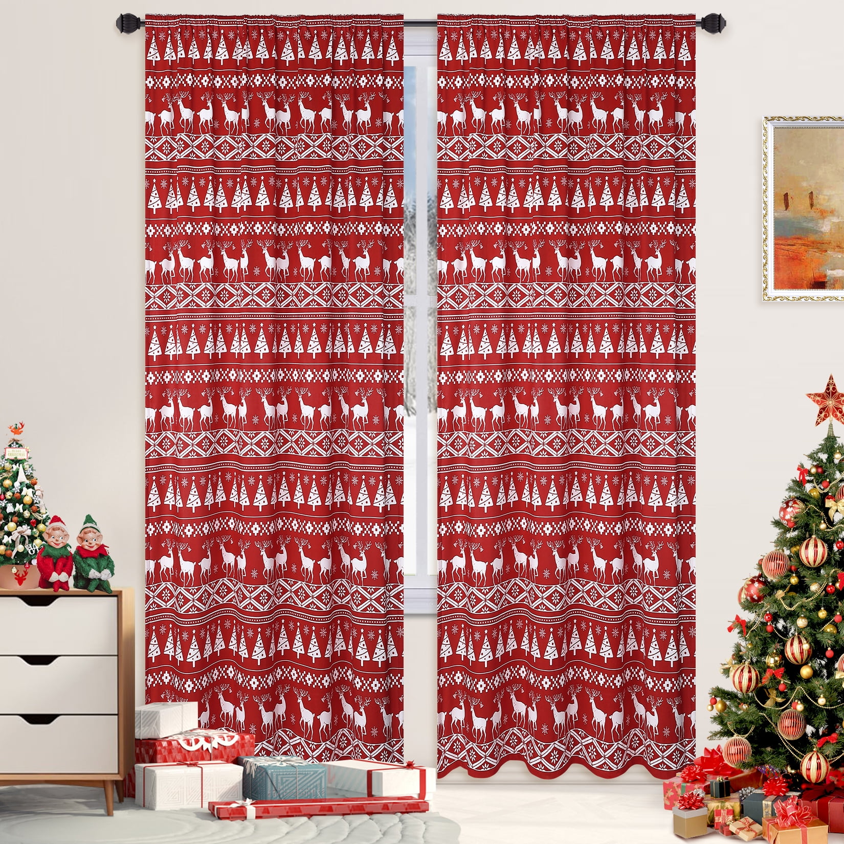 CAROMIO Christmas Velvet Curtains - 84 Inch Long Red Reindeer Thermal Insulated Panels, Set Of 2 (52x84 In) - View #9