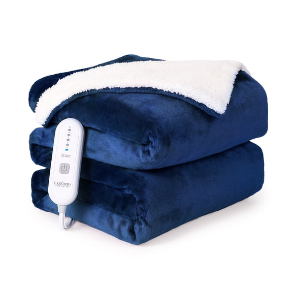 CAROMIO Electric Blanket Full Size 72" x 84", Thick Flannel & Sherpa Heated Blanket Full with 5 Heating Levels & 4 Hours Auto Off, Overheating Protection, Navy Blue