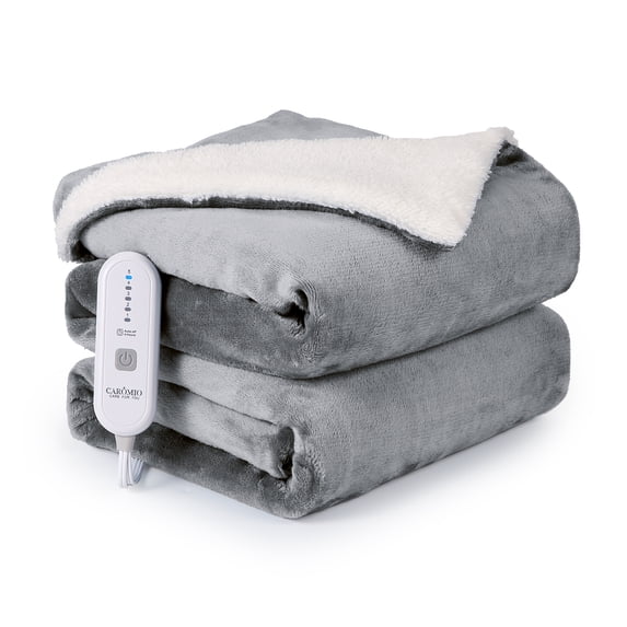CAROMIO Electric Blanket Full Size 72" x 84", Thick Flannel & Sherpa Heated Blanket Full with 5 Heating Levels & 4 Hours Auto Off, Overheating Protection, Pale Gray