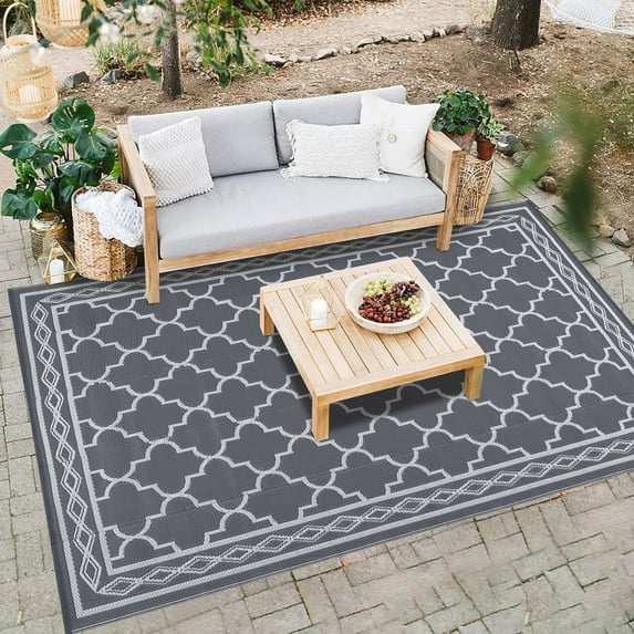 CAROMIO Gray Moroccan Outdoor Area Rug 6x9 ft Waterproof Reversible Plastic Mat for Camping RV Picnic