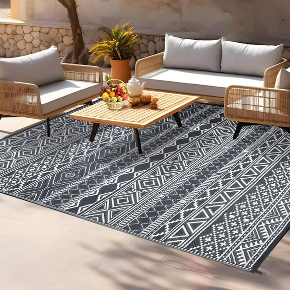 CAROMIO Gray White Boho Outdoor Area Rug 5x8 ft Waterproof Reversible Plastic Mat for Camping RV Picnic