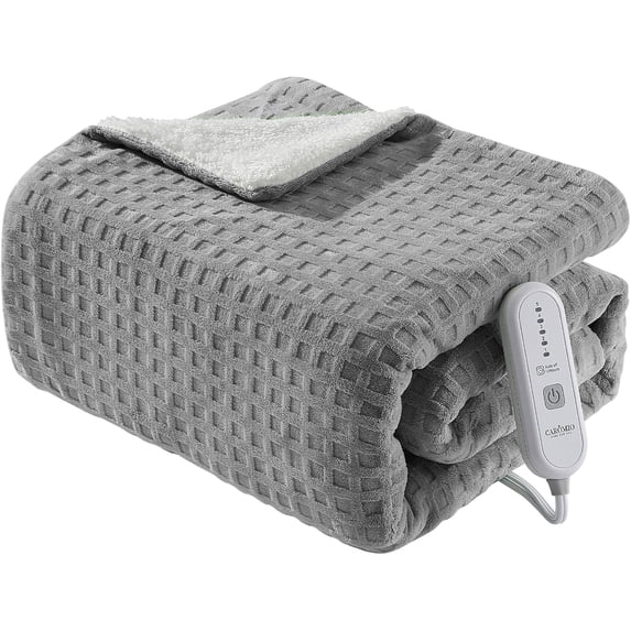 CAROMIO Heated Throw Electric Blanket, Waffle Pattern Sherpa, 5 Heat Levels, 4-Hour Auto Off, ETL Certified, Machine Washable, 50" x 60" - Soft Flannel & Sherpa Heat Blanket