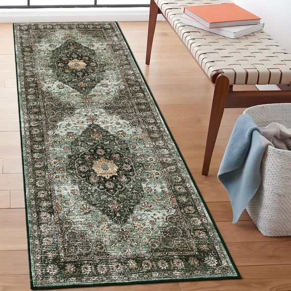 CAROMIO Indoor Area Rug 2' x 6' Runner Rug for Living Room Boho Vintage Rug Floral Bedroom Rug, Green