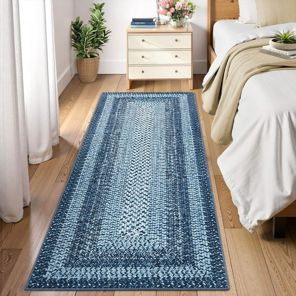 CAROMIO Indoor Area Rug 2' x 6' Runner Rug for Living Room Modern Imitation Braided Pattern Geometric Rug Bedroom Rug, Blue