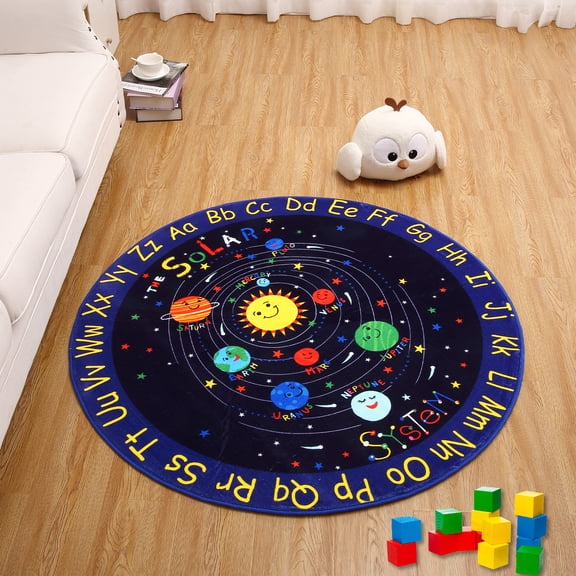 CAROMIO Kids Solar System Educational Rug 4' x 4' Round Galaxy Outer Space Kids Rugs for Playroom Learning Planet Non Slip Kids Playmat Car Rug
