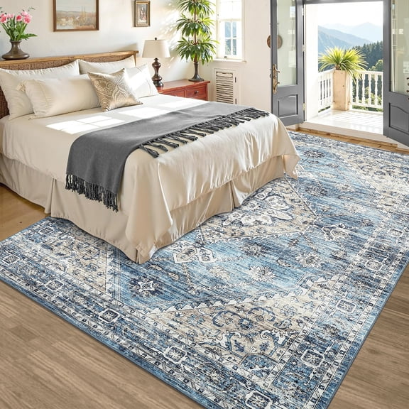 CAROMIO Large Floral Washable Rug 10'x 13' Area Rug for Living Room Bedroom Non-Slip Indoor Carpet, Blue