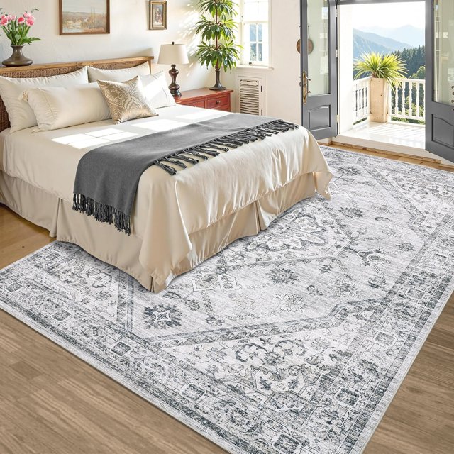 CAROMIO Large Floral Washable Rug 10'x 13' Area Rug for Living Room Bedroom Non-Slip Indoor Carpet, Light Gray