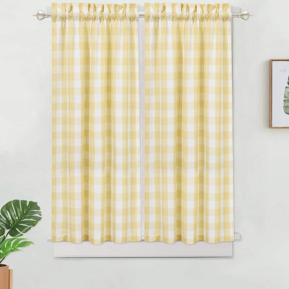 CAROMIO Light Filtering Thick Yarn Dyed Cafe Curtains Plaid Gingham Pattern for Bathroom, Yellow/White,2 Panels 28"W x 45"L