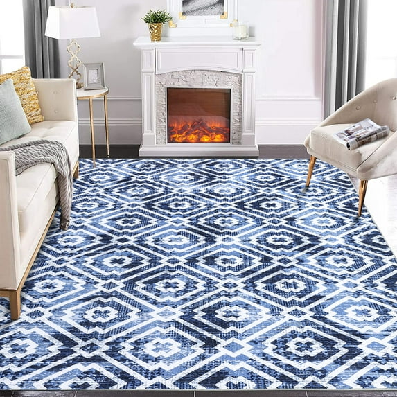 CAROMIO Machine Washable Rug 8 x 10 Moroccan Boho Area Rugs with Non Slip Rugs for Living Room Bedroom Modern Rug Carpet Stain-Resistant, Blue