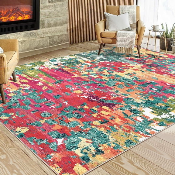 CAROMIO Modern Abstract Area Rug Colorful Living Room Rug Soft Throw Rug Washable Rug Rainbow Non Slip Indoor Floor Carpet, 9' x 12' Red