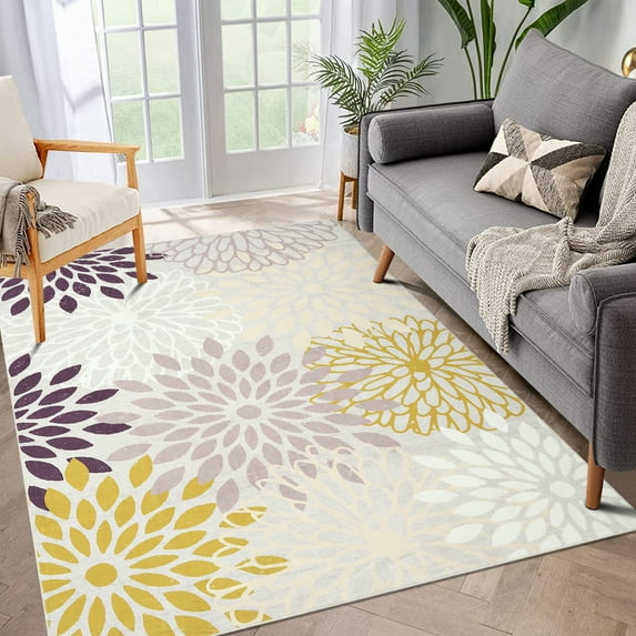 CAROMIO Modern Area Rug 5' x 7' Machine Washable Rugs Floral Pattern Colorful Indoor Carpet Decorative Accent Rug Bedroom Decor Floor Carpet, Beige/Yellow