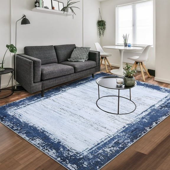 CAROMIO Modern Bordered Area Rug Non-Slip Washable Rug Distressed Print Accent Rug Contemporary Throw Carpet, 6' x 9' Navy Blue