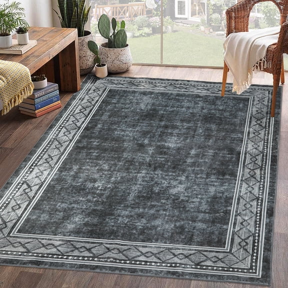 CAROMIO Modern Bordered Rug Indoor Floor Cover Contemporary Geometric Border Carpet Rug Velvet Mat Foldable Accent Rug for Living Room Bedroom, 9' x 12' Gray