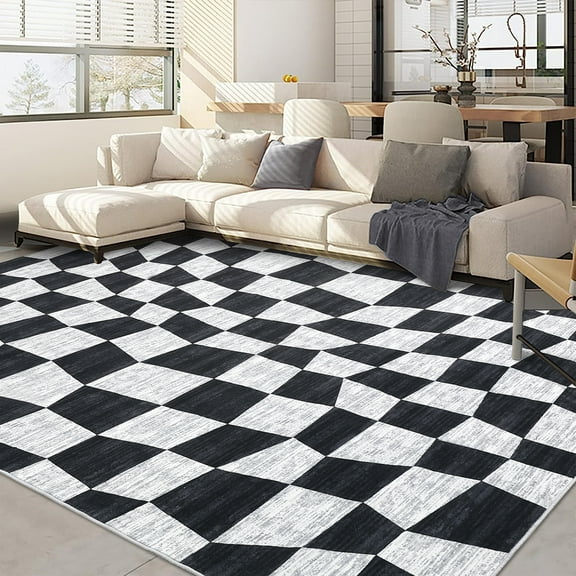 CAROMIO Modern Checkered Rug Washable Area Rug for Bedroom Non Slip Soft Rugs for Living Room Stain Resistant Throw Rugs Carpet, 9' x 12' Black