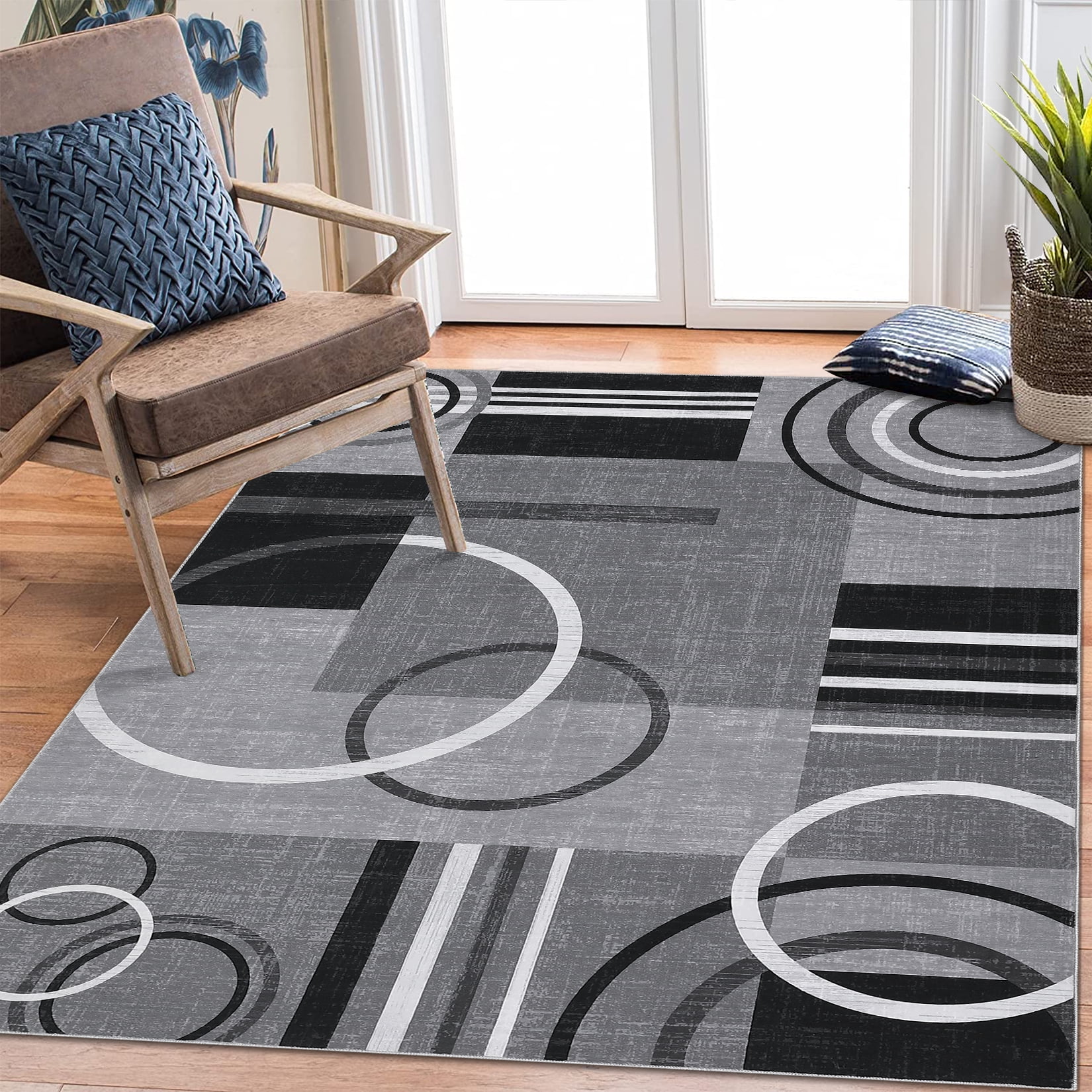 CAROMIO Modern Washable Area Rug 8' x 10' Rugs for Dining Room Abstract Geometrical Carpet, Gray