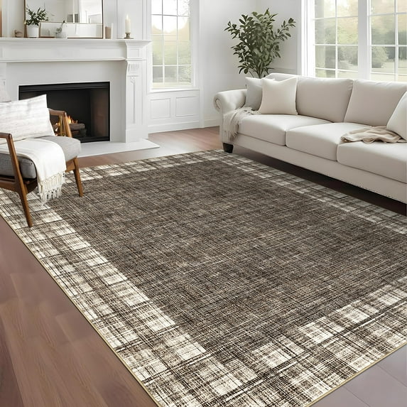 CAROMIO Modern Washable Area Rug Accent Geometric Border Rug Non-Slip Throw Indoor Carpet for Dining Room Living Room, 8' x 10' Brown