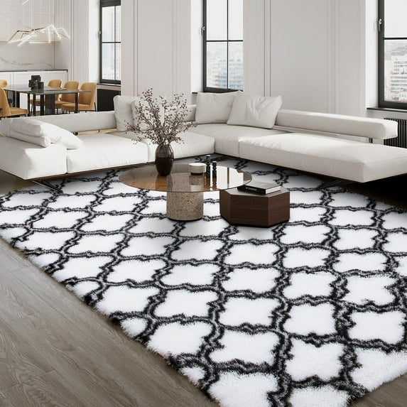 CAROMIO Moroccan Shag Area Rugs Geometric Indoor Super Soft Fuzzy Plush Rugs, 8' x 10' White Black
