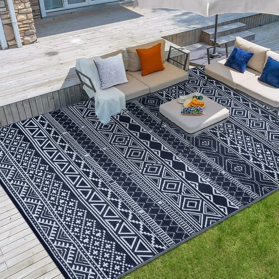 CAROMIO Navy White Boho Outdoor Area Rug 9x12 ft Waterproof Reversible Plastic Mat for Camping RV Picnic