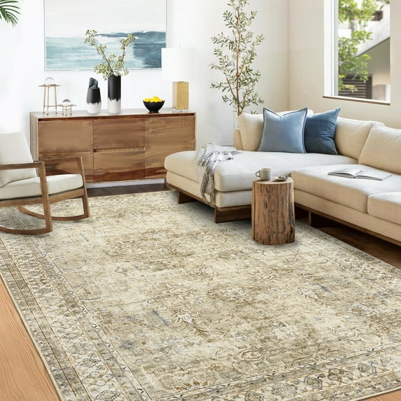 CAROMIO Oriental Area Rug Machine Washable Vintage Rug Floor Cover Low Pile Retro Indoor Floral Distressed Carpet, 8' x 10' Taupe