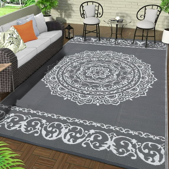 CAROMIO Outdoor Rugs Vintage Floral Plastic Straw Rug Waterproof Indoor Portable Reversible Patio Rug for Camping, RV, Backyard, Deck, Picnic, Trailer, 6' x 9' Gray