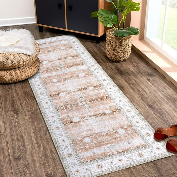 CAROMIO Persian Area Rug Floral Distressed Carpet Machine Washable Area Rug for Bedroom Living Room Foldable Rug, 2' x 6' Pale Brown