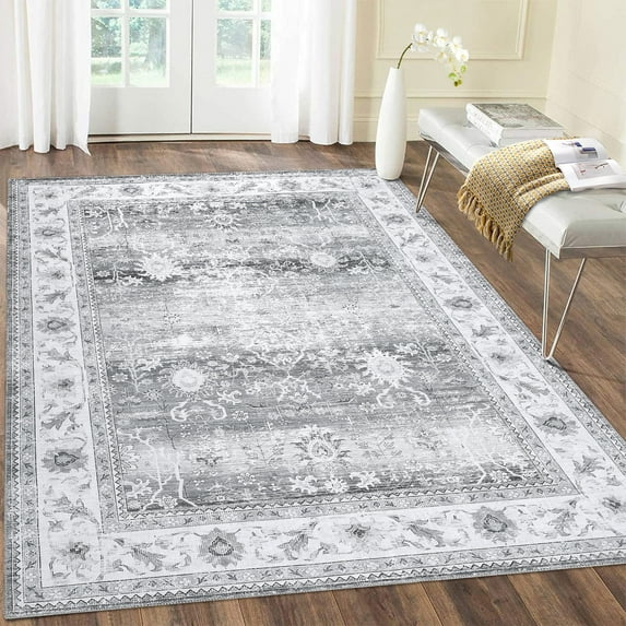 CAROMIO Persian Area Rug Floral Distressed Carpet Machine Washable Area Rug for Bedroom Living Room Foldable Rug, 4' x 6' Gray