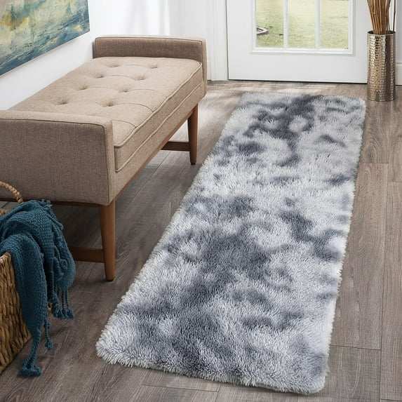 CAROMIO Plush Polyester Shag Area Rug 2'x 6' Fluffy Runner Rug Plush Decorative Runner Rug for Indoor Home Floor Carpet, Tie-dye Light Gray